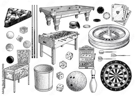 Gambling games collection, illustration, drawing, engraving, ink, line ...