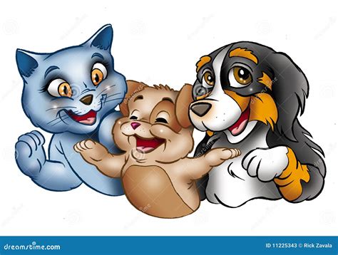 Happy cartoon cats and dog stock illustration. Illustration of friends ...