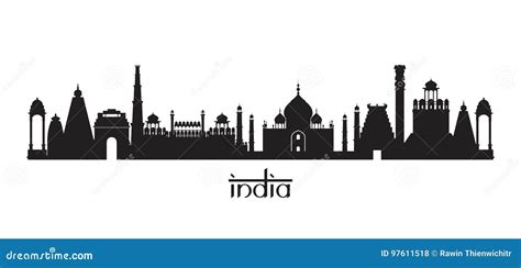 India Landmarks Skyline in Black and White Silhouette Stock Vector ...