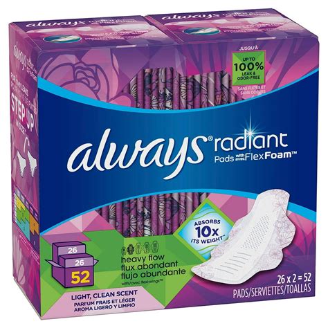 Always Radiant Pads with FlexFoam, Size 2 Heavy Flow (52 Count) - Walmart.com - Walmart.com