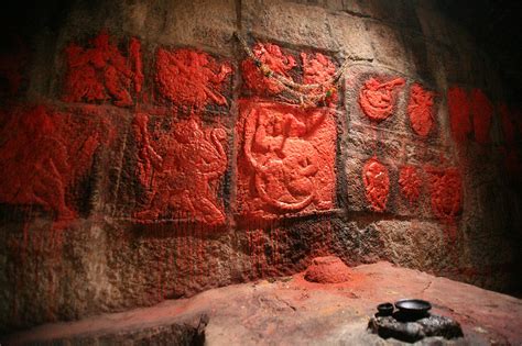 File:Carvings of Hanuman, Ram, and Lakshma inside the jail cell within Golconda Fort, in ...