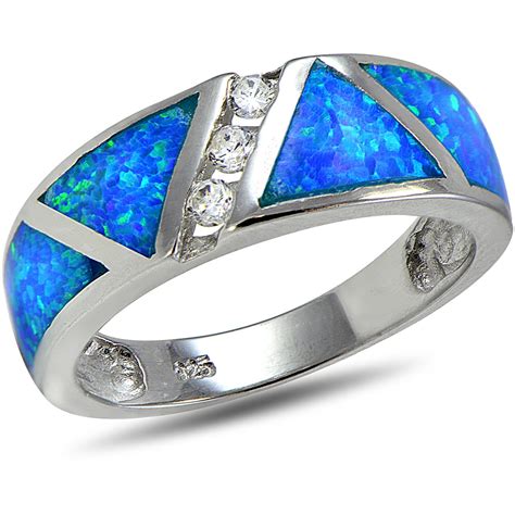 Created Blue Opal and CZ Sterling Silver Band Ring - Walmart.com