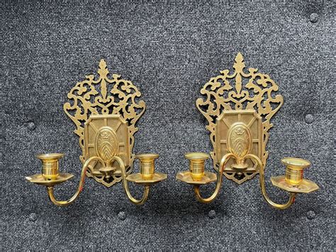 Vintage Pair of Gold Metal Wall Sconces Large Toleware Candle Holders Tole Mid Century Hollywood ...