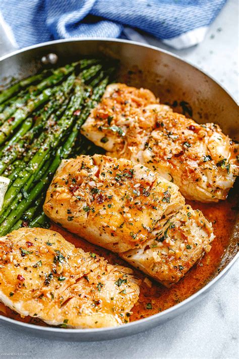 Garlic Butter Cod with Lemon Asparagus Skillet – Healthy Fish Recipe — Eatwell101