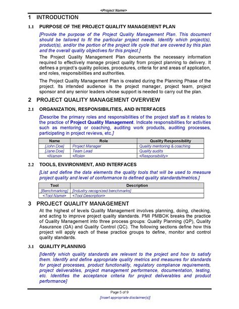 Quality Control Plan Template Free