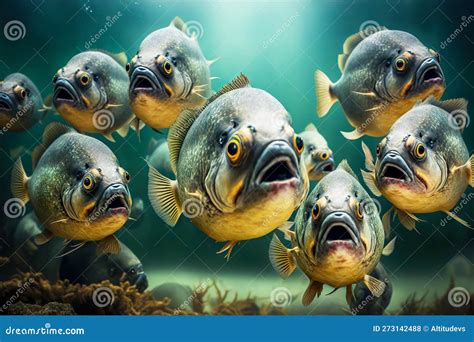 School of Fish Consisting of Aggressive Predatory Piranhas in River Stock Illustration ...