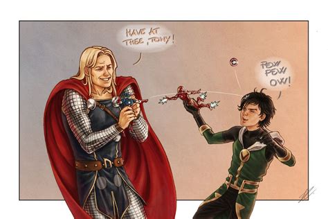 a drawing of two people dressed as thor and loki, one is pointing at ...