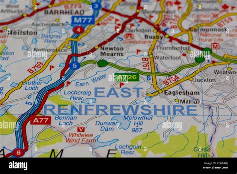 East Renfrewshire and surrounding areas shown on a road map or ...