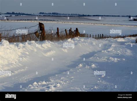 Imber Range Perimeter Path in the snow, Wiltshire, England, UK Stock ...