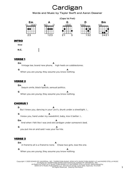 cardigan by Taylor Swift Sheet Music for Really Easy Guitar at Sheet Music Direct