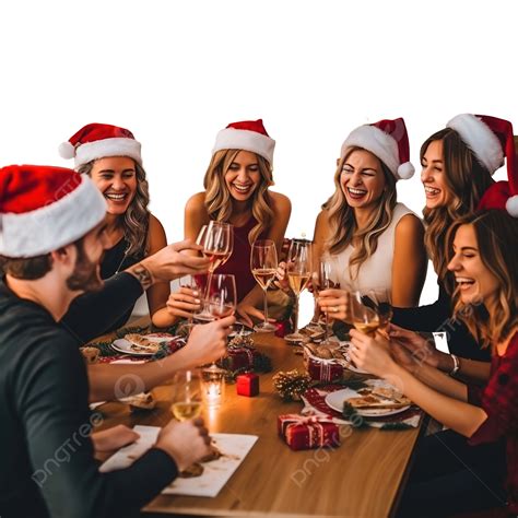 Friends Group With Santa Hats Celebrating Christmas With Champagne Wine Toast At Home Dinner ...