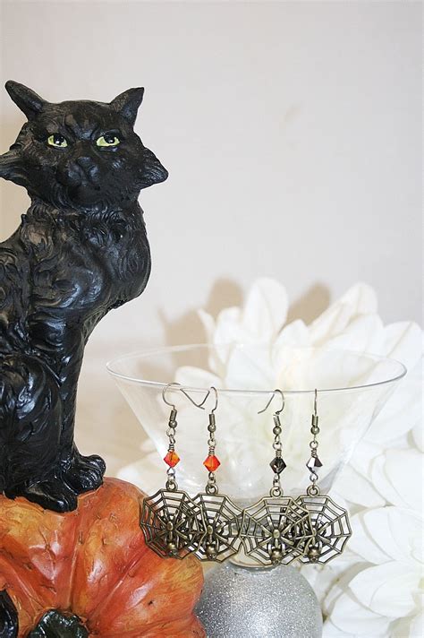 Halloween Spider Web Earrings Antiqued Bronze With Swarovski Crystals Scary Halloween Earrings ...