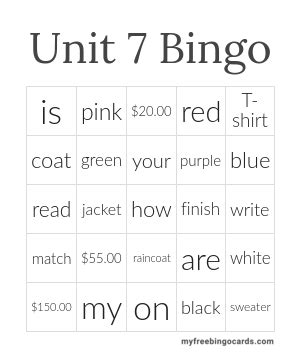 Unit 7 Bingo