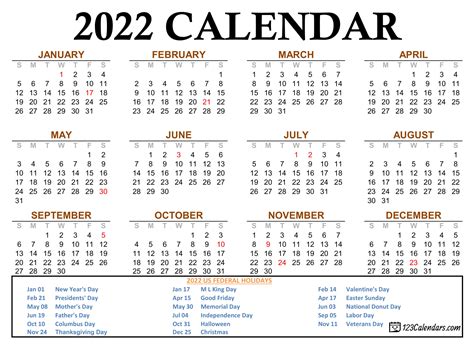 Printable Calendar 2022 With Holidays 6 Templates Printable Yearly - Riset