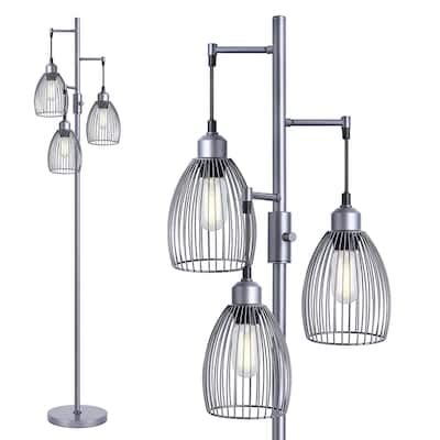 Dimmable Industrial Floor Lamps, Gray Tree Standing Tall Lamps with 3 Elegant Teardrop Cage Head ...