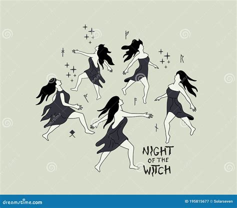 Witches Dance With Brooms. Halloween Party Vector Illustration | CartoonDealer.com #194315026