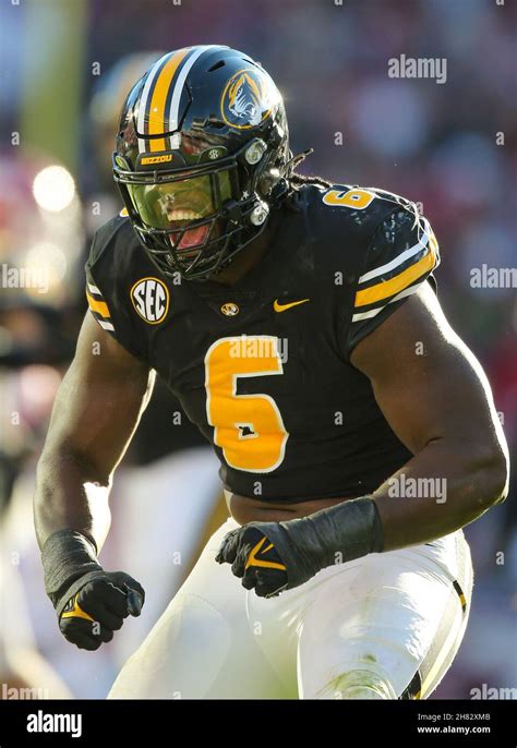 November 26, 2021: Darius Robinson #6 Missouri defensive lineman celebrates following a sake ...