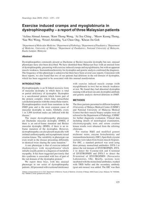 (PDF) Exercise induced cramps and myoglobinuria in dystrophinopathy - A ...