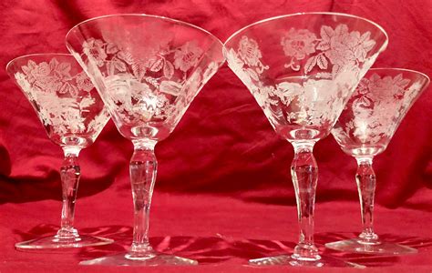 Vintage Clear Glass Cocktail/Martini Glasses with Frosted White Floral Etched Pattern- Set of Four