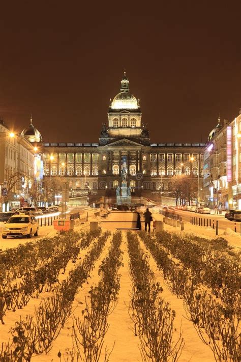 National Museum on Snowy Wenceslas Square in the Night, Prague Stock Image - Image of medieval ...