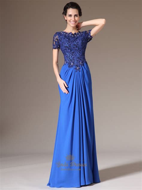 Royal Blue Sheath Lace Bodice Chiffon Prom Dress With Short Sleeve | Linda Dress