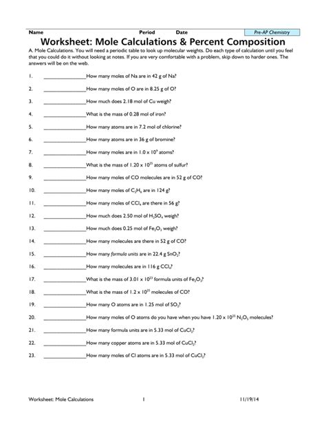 Mole Calculations Practice Worksheet Answers