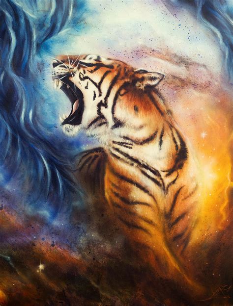 Painting Of A Roaring Tiger On A Abstract Cosmical Background Painting by Jozef Klopacka