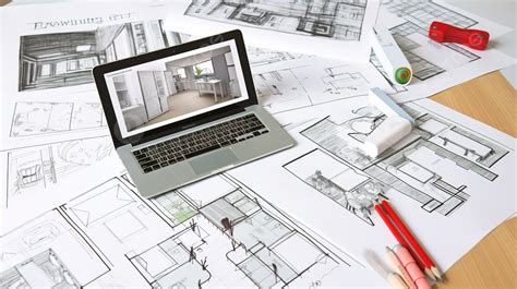 Architectural Plans Showing On Laptop Screen Background, Design Picture Online, Online Shopping ...