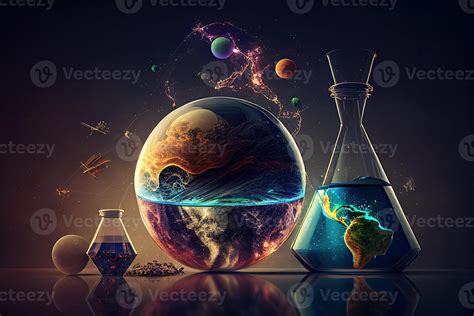 Science background illustration, scientific design. Flasks, glass and chemistry, physics ...