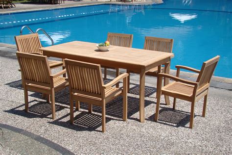 Teak Dining Set:6 Seater 7 Pc -71" Rectangle Table And 6 Stacking Leveb ...