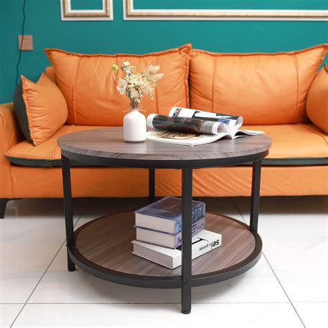 EURO SAKURA Round Coffee Table Wooden Surface Top & Sturdy Metal Legs 2 Tier Industrial Sofa ...