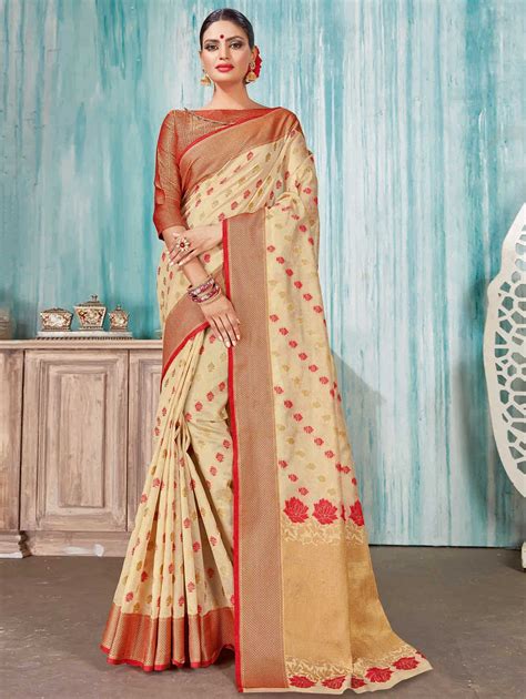 Shop Cream Art Silk Woven Saree with Contrast Border Durga Pooja Sarees Collection 2020 Online ...