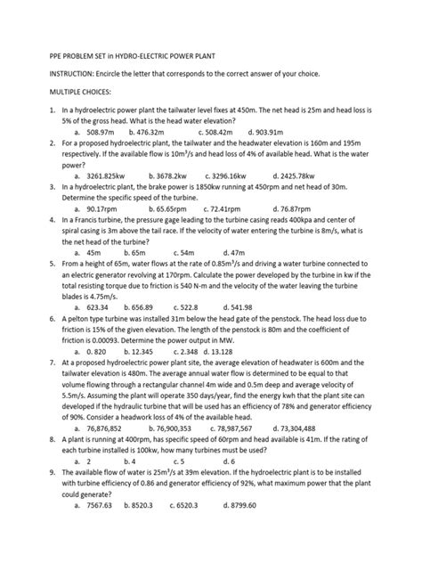 PPE-PROBLEM-SET_HYDROELECTRIC-1 | PDF | Hydroelectricity | Turbine