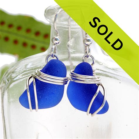 Authentic Blue Sea Glass Earrings On Sterling Triple Wrap (SSE1382)