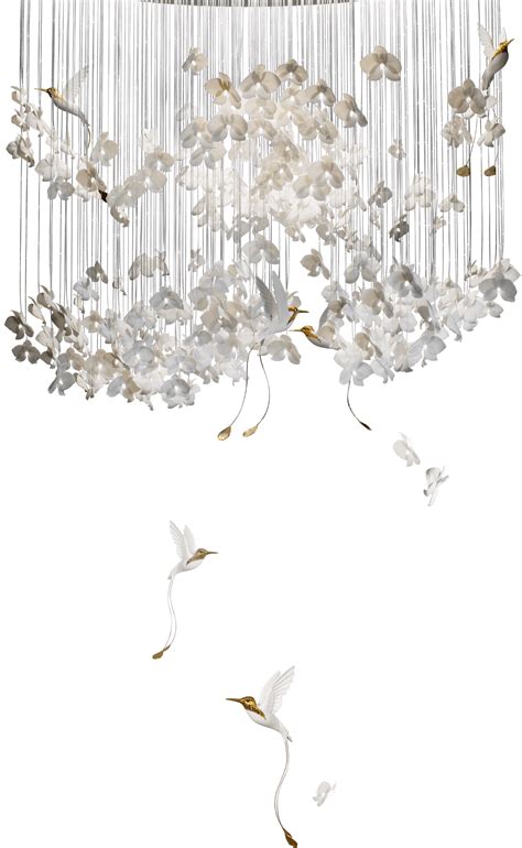 a chandelier with white flowers hanging from it's sides and two birds flying in the air