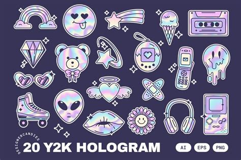 5206 90s风格Y2K全息贴纸插图集霓虹色渐变矢量素材 Y2K Holographic Stickers Illustrations Set@GOOODME.COM _ 果觅网（gooodme）