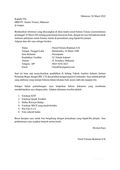 Contoh Surat Lamaran Kerja - PKBM Celah Cahaya