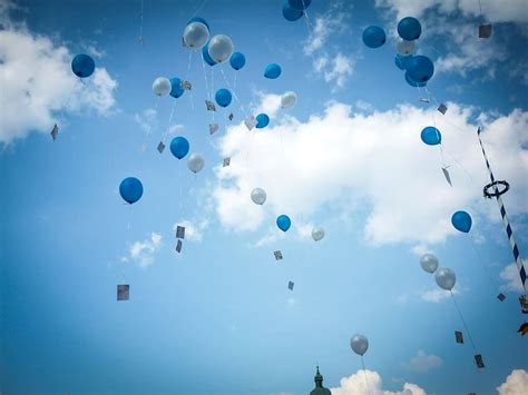 blue, white, balloons, sky, wedding, clouds, munich, bavaria, cloud - sky, large group of ...