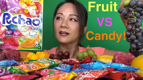 ASMR 🍇🥭 🍓🍈GUMMY & FRUIT MUKBANG:PUCHAO GUMMY FRUIT CHEWS VS REAL FRUIT ...