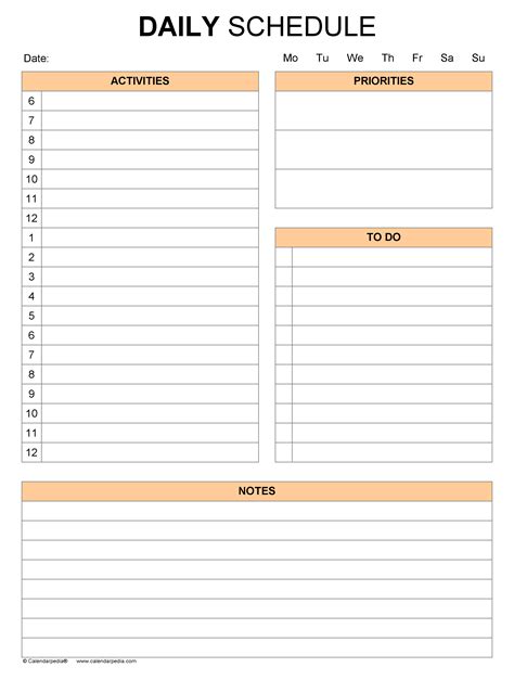 Daily Activity Schedule Template