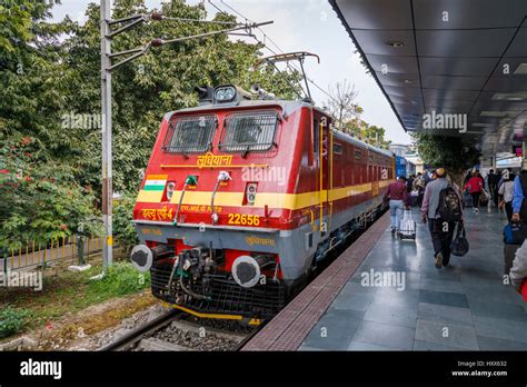 Red train engine at the platform in Kalka Station, Kalka, Haryana, northern India, terminus of ...