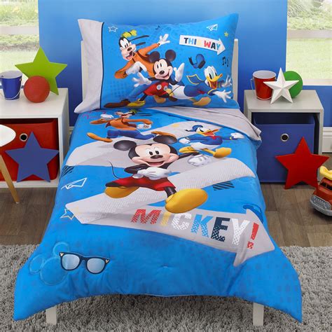 Disney Mickey Mouse and Pals 4 Piece Toddler Bedding Set - Fitted Sheet, Pillow Case, Top Sheet ...