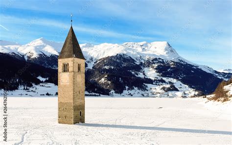 Lago di Resia underwater tower Stock Photo | Adobe Stock