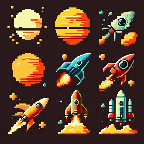 Pixel art assets space 16 bits 8 bits retro vintage | Foto Premium