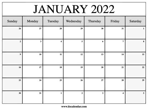 January 2022 Monthly Calendar Printable - Riset