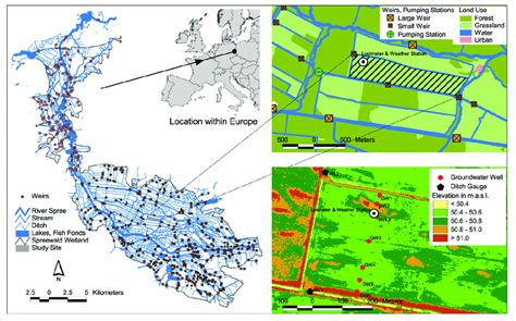 Map of the stream network of the Spreewald wetland with weirs (left ...