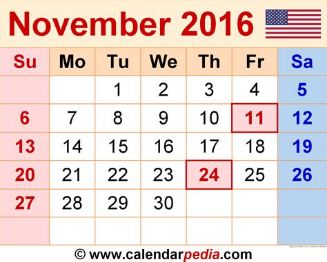 November 2016 Calendar | Templates for Word, Excel and PDF