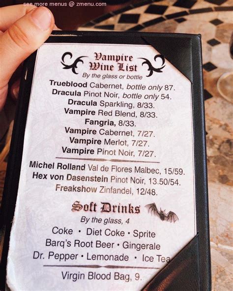 Menu at New Orleans Vampire Cafe, New Orleans