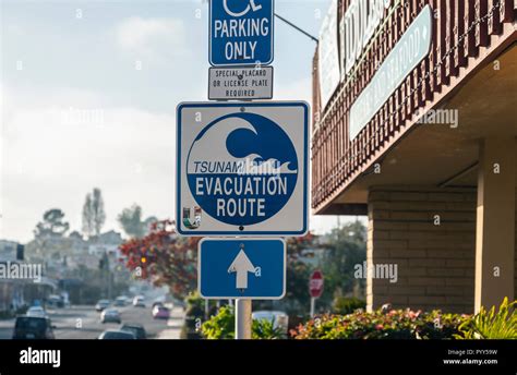 Sign for the Tsunami evacuation route, on Shelter Island, San Diego ...