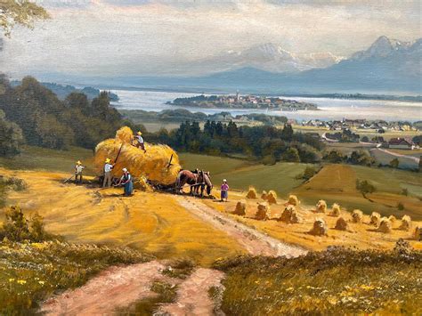 Alpine Haymaking Harvesting 20th Century Realist Oil Painting by German ...